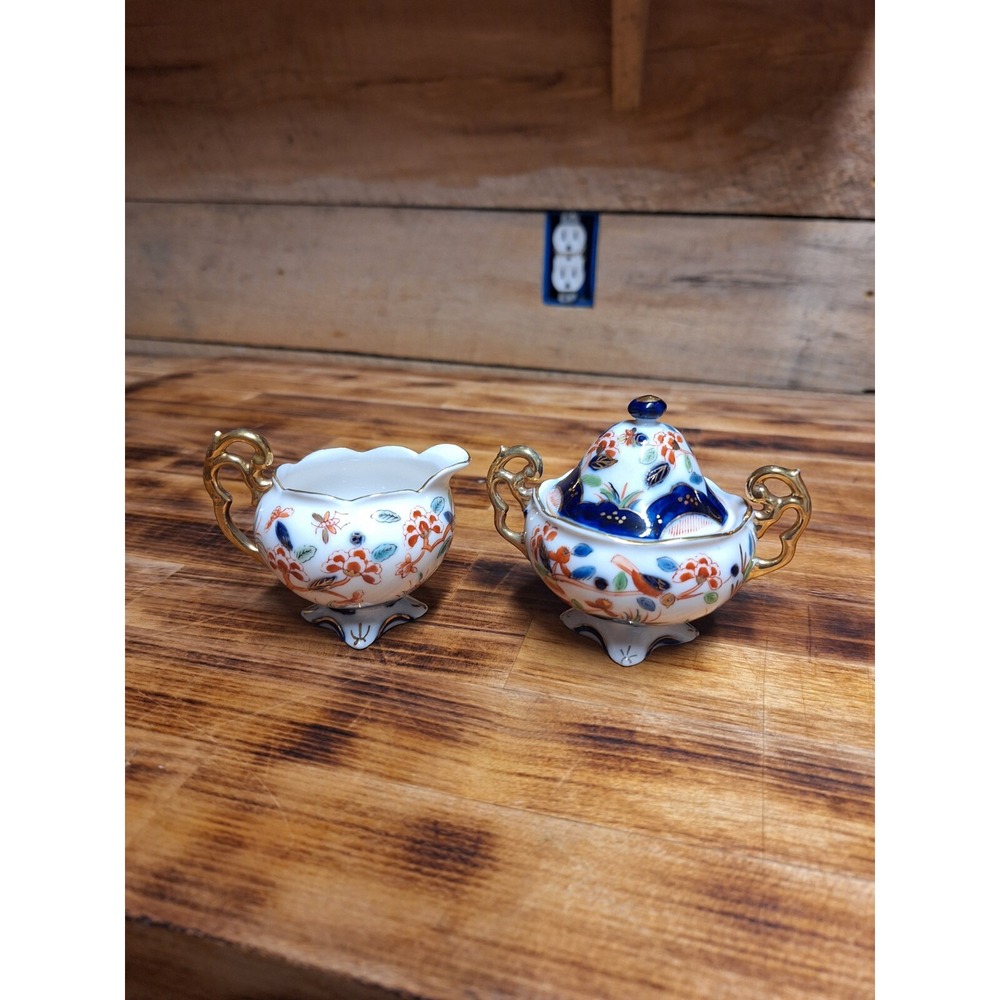 Vintage Imari Style Miniature Hand Painted Creamer and Sugar Bowl Japan Marked